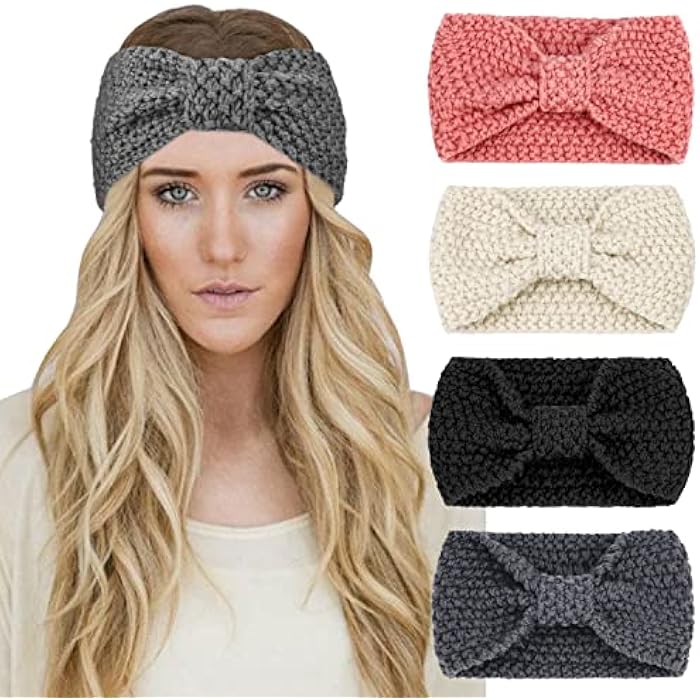 DRESHOW Pack of 4 Women's Knitted Headband Winter Knitted Wide Headband Elastic Hair Band Crochet Ear Warmer Women - Image 1